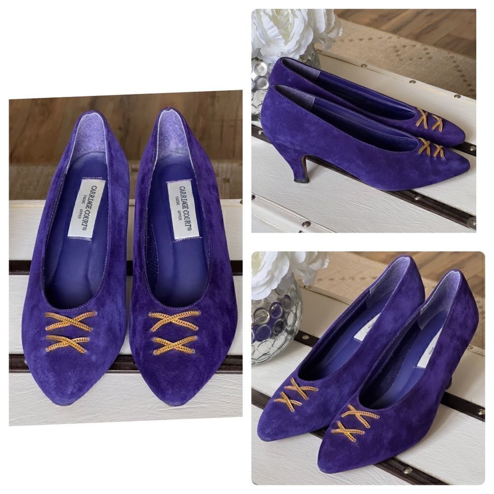Carriage Court Vintage Blanche Purple Suede Upper Kitten Heel Shoes Size 6.5